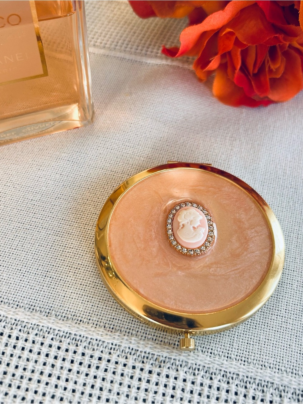 Compact Mirror Portable Makeup Mirror Gold Compact with Pink Cameo Accent